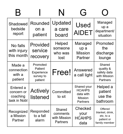Patient Experience Bingo Card