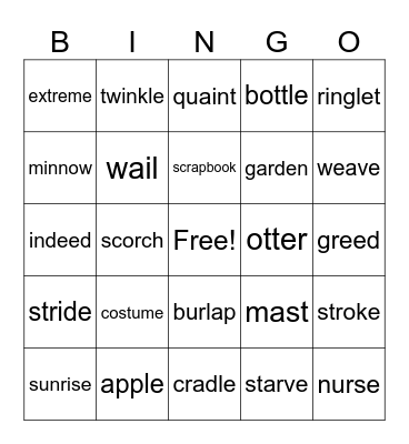 2 Syllable Bingo Card
