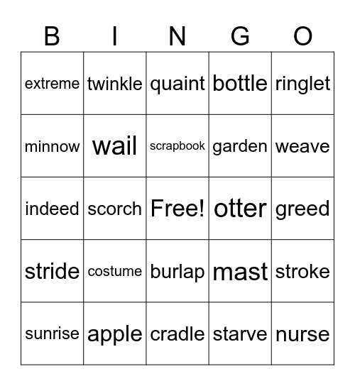2 Syllable Bingo Card