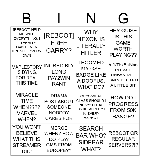 /r/MapleStory Bingo Card