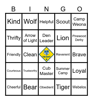 Pack 833 Blue and Gold Bingo Card