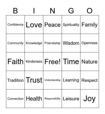 VALUES Bingo Card