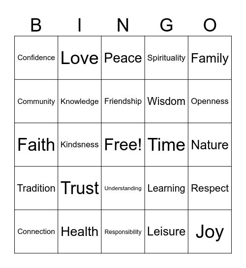 VALUES Bingo Card