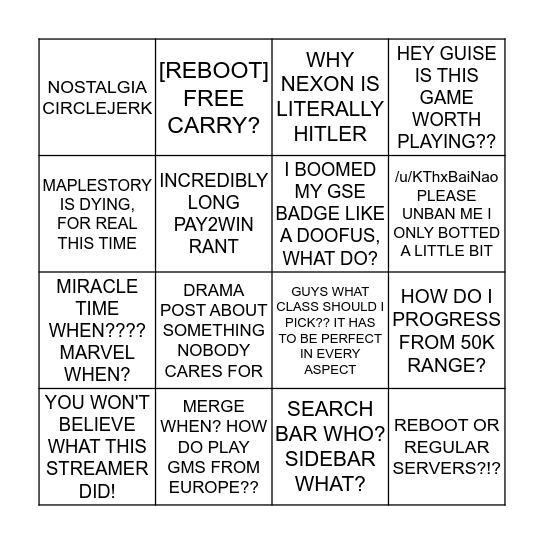 /r/MapleStory Bingo Sheet Bingo Card