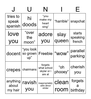 JUNIE BINGO Card