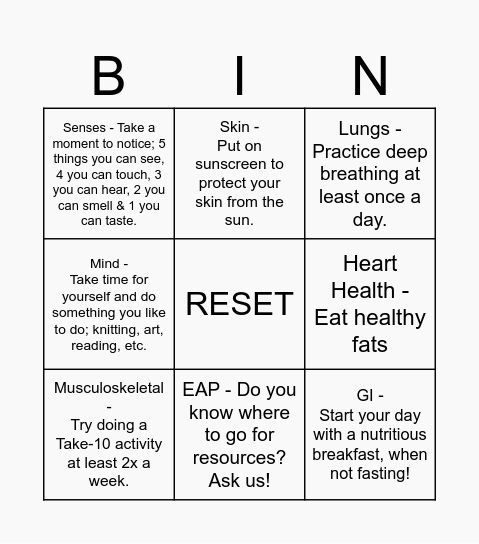 PVH Care Fair BINGO Card