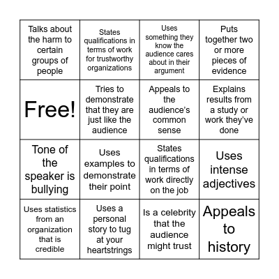 Ethos, Pathos, Logos Bingo Card