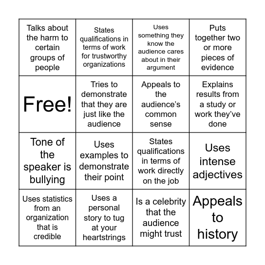 Ethos, Pathos, Logos Bingo Card