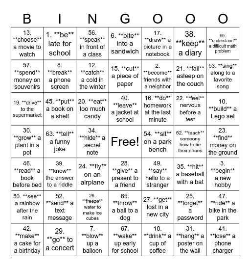 Irregular Pasts Bingo Card