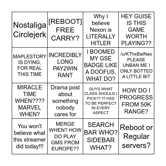 /r/MapleStory Bingo Sheet Bingo Card