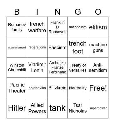 WWI-Interwar-WWII Bingo Card