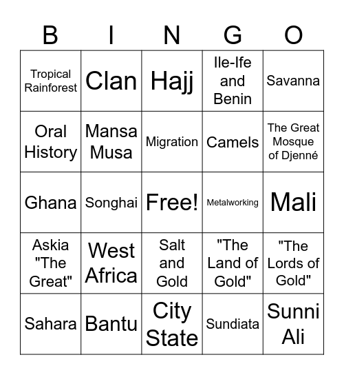 Africa Bingo Card