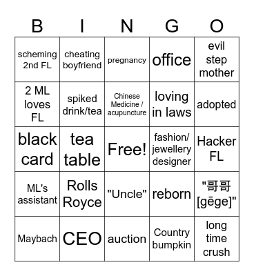 Chinese short drama Bingo Card