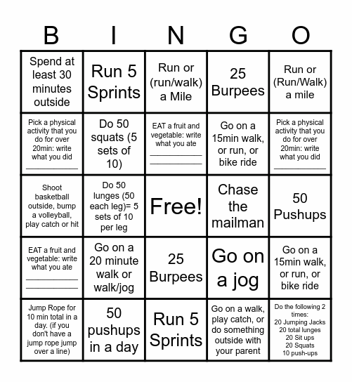 PE Spring Break BINGO Card