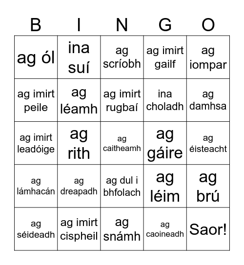 Seachtain na Gaeilge Biongó Bingo Card