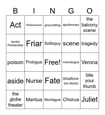 Romeo and Juliet Bingo Card