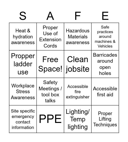 Safety Week! Bingo Card