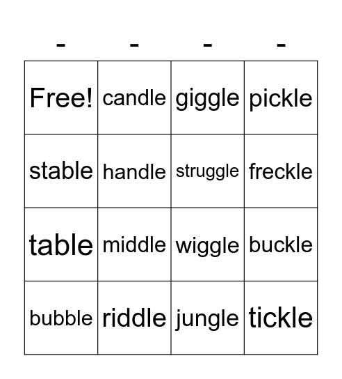 -le Syllables Bingo Card