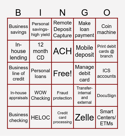 Ridge View Bank Bingo Card