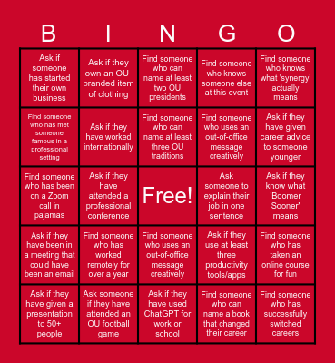 OU Online Networking Event Bingo Card