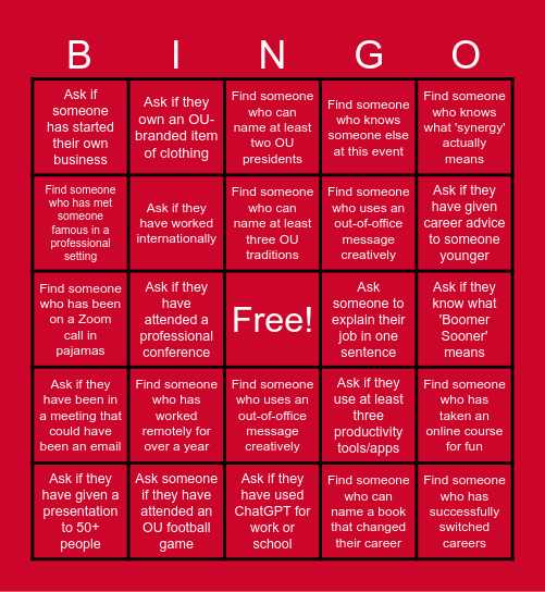 OU Online Networking Event Bingo Card