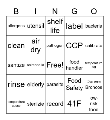 Food Safety Bingo Card