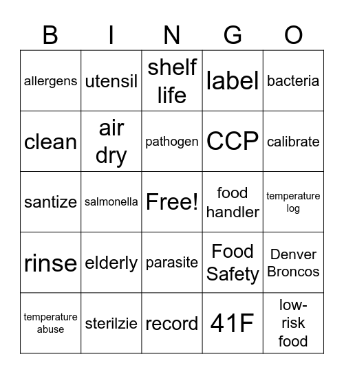 Food Safety Bingo Card