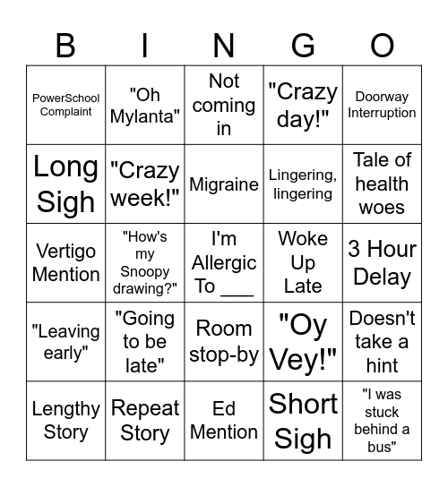 Secretary Bingo Card