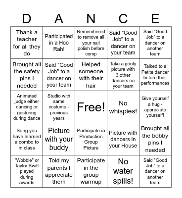 Rhythm Dance Center Competition Bingo Card