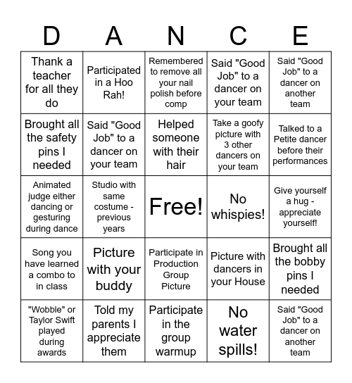 Rhythm Dance Center Competition Bingo Card