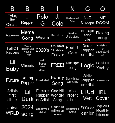 My playlist Bingo Card