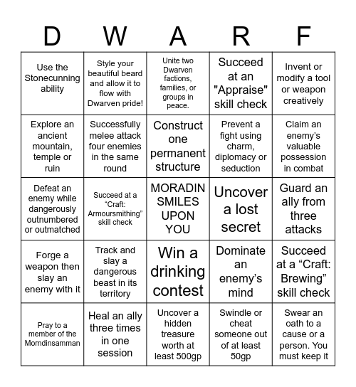 Divine Dwarven Achievements Bingo Card