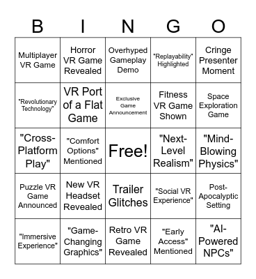 VR Games Showcase Bingo Card
