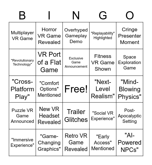 VR Games Showcase Bingo Card