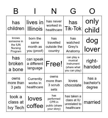 IUN Nursing Student Orientation Bingo Card
