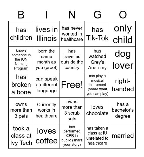 IUN Nursing Student Orientation Bingo Card