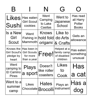 Girl Scout Troop 1466 Bingo Card