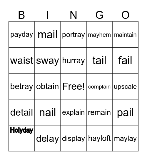 Ai and AY spelling words Bingo Card