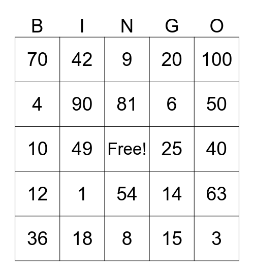 Multiplication Facts Bingo Card