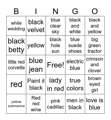 Songs about Color Bingo Card