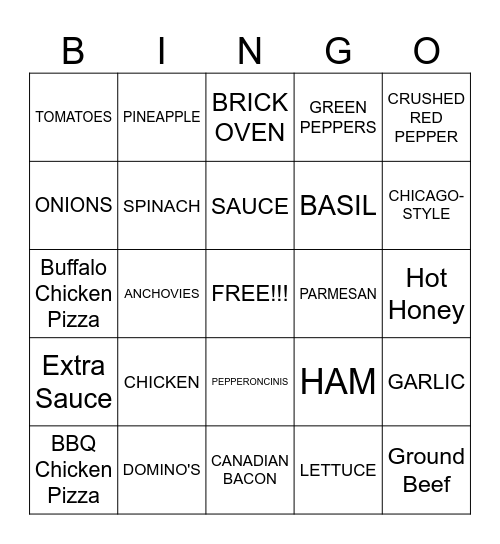 Pizza Pizza Bingo Card