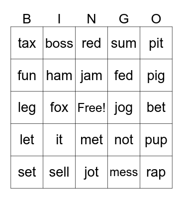 Short Vowels for Kinder Bingo Card