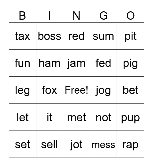 Short Vowels for Kinder Bingo Card