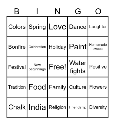 Holi day Bingo Card