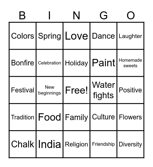 Holi day Bingo Card