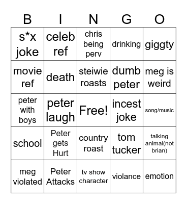 Family Guy Bingo Card