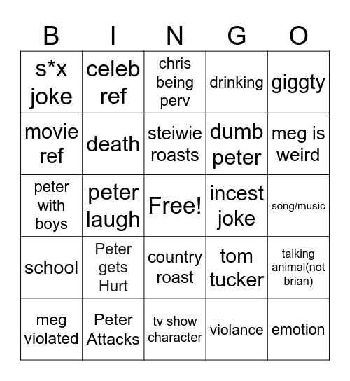 Family Guy Bingo Card