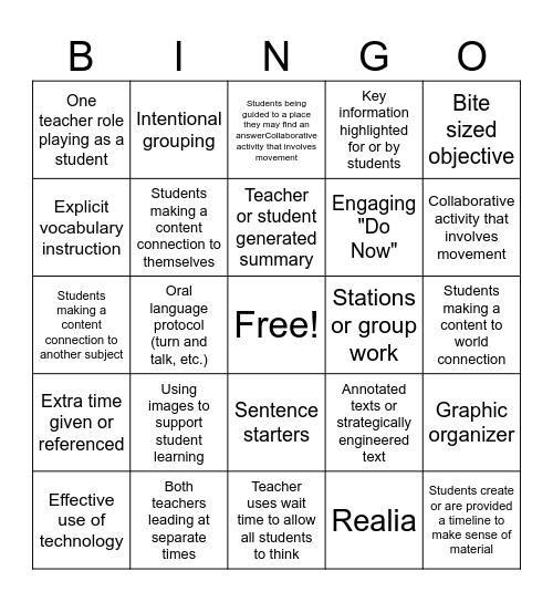 ICT Classroom Visitation Bingo Card