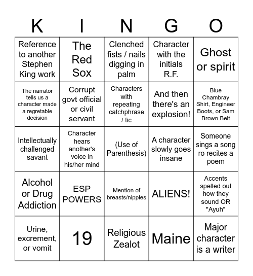 Stephen King Bingo Card