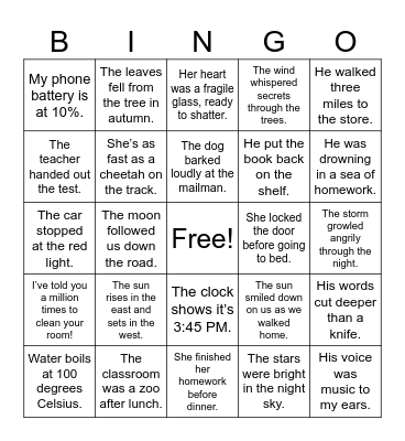 Literal vs. Figurative Language Bingo Card